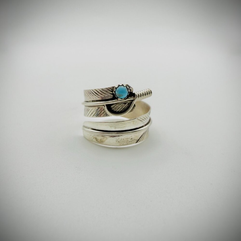 Sterling Silver Turquoise Feather Bypass Ring Artist Signed AD